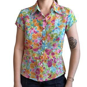 Vintage 90s Emma James Multicolor Floral Sheer Lightweight Button Down Blouse